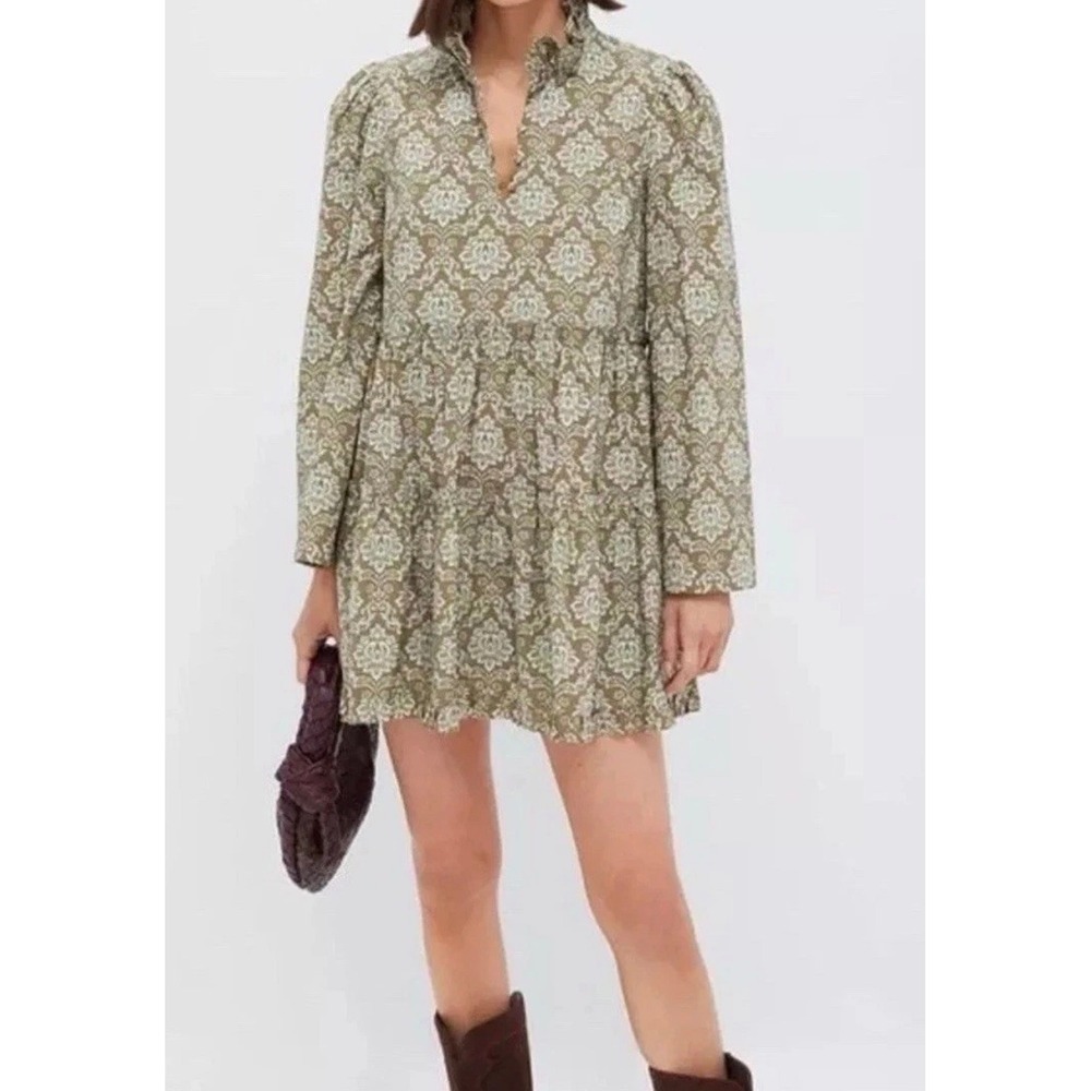 Hyacinth House Moss Printed Russell Mini Dress Olive Green Tiered Size M NWT